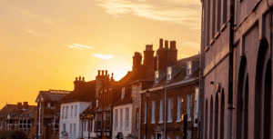 A street in Newport, Isle of Wight at sunset.