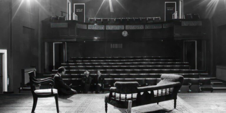 Person sitting on the stage of Apollo Theatre, talking with two people in the audience seats