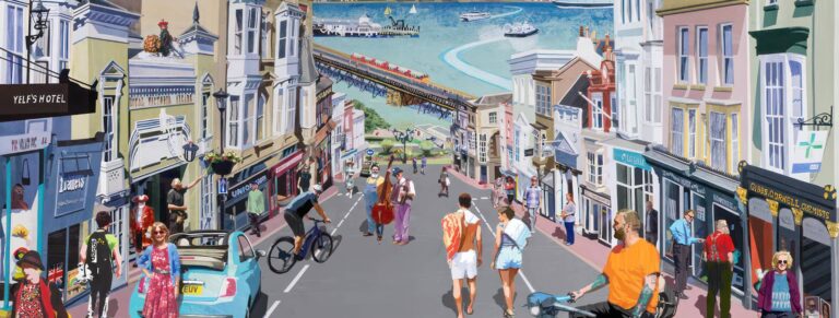 Ryde, Gateway to the Island painting showing Union Street with lots of Ryde characters in the scene by Nick Martin