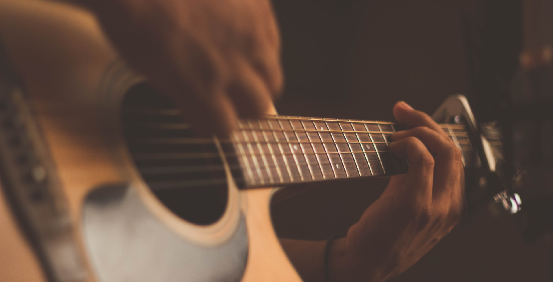 Close up blurry image of a man playing a guitar