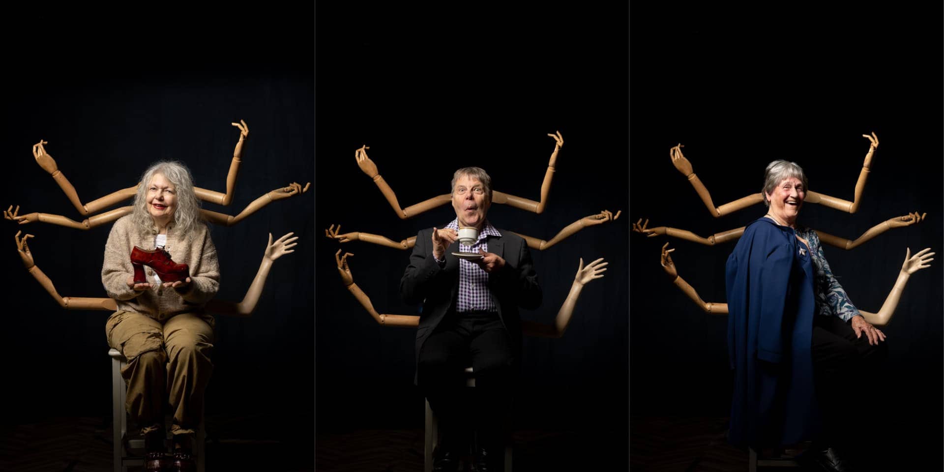 Montage of three portraits, showing interviewees sat on chairs with mannequin arms attached like Shiva