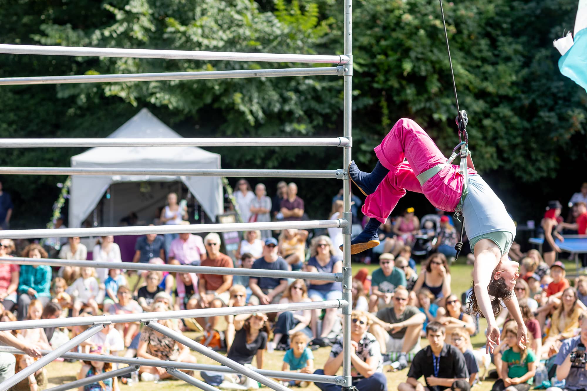 Aerial acrobat show on the scaffold tower