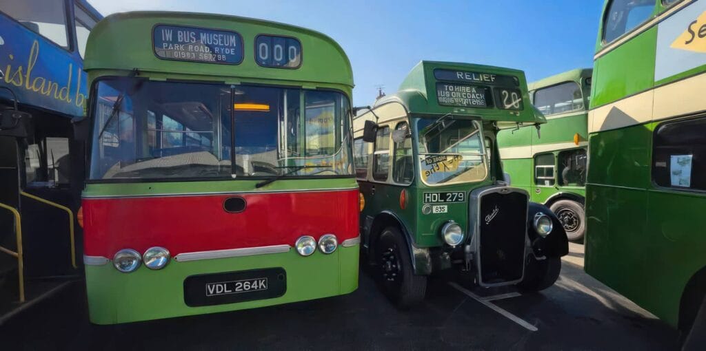 Buses lined up at the Isle of Wight Bus and Coach Museum