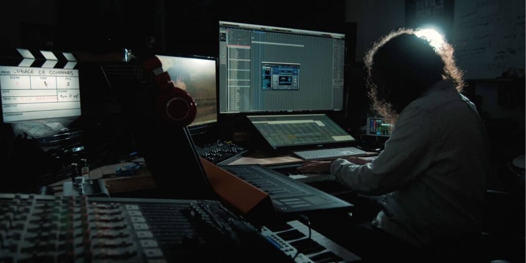 An image of Luke in his darkly lit music studio. Various types of recording and editing equipment is shown.