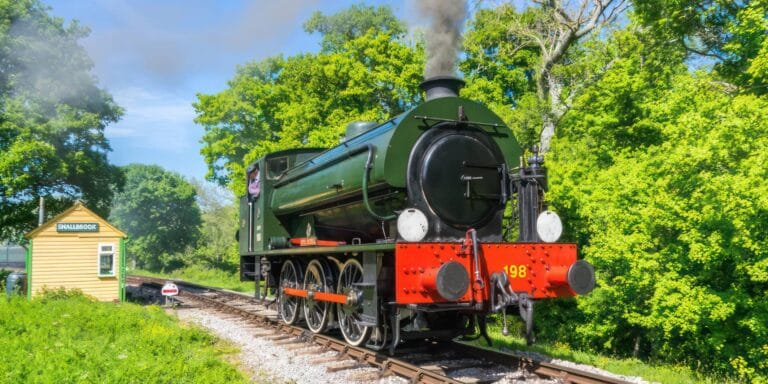 Green and Red Steam Train, travelling on the tracks with blue sky and green trees in the background