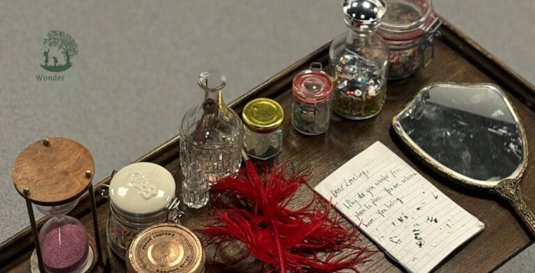 Scene showing a table with a variety of jars, a hand mirror and a red feather, with Wonderfell Theatre Company logo overlaid on top