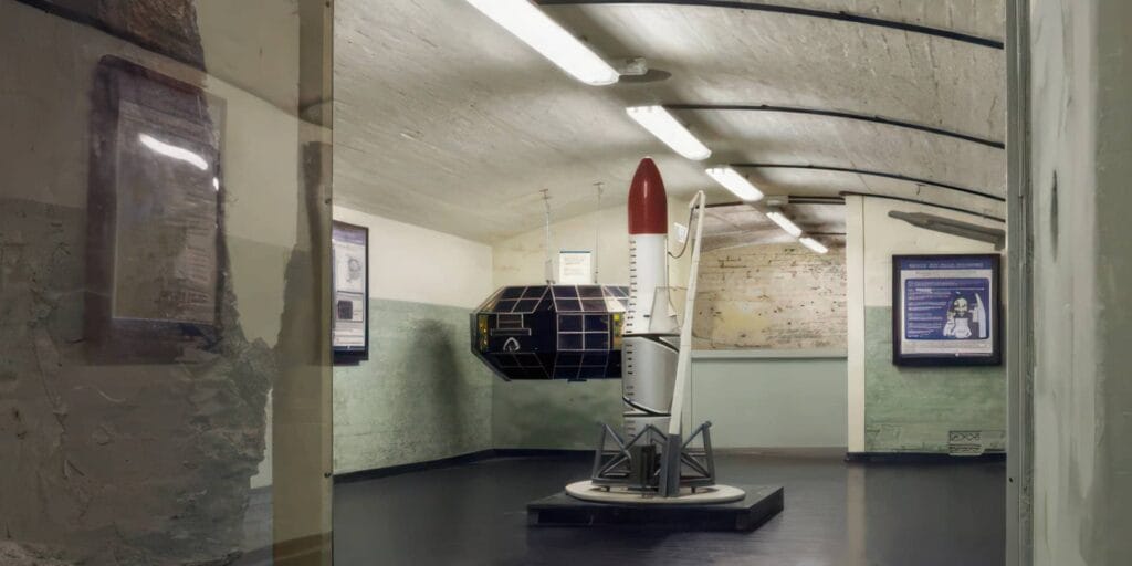 Inside the Needles Old Battery, showing model of the Black Arrow rocket
