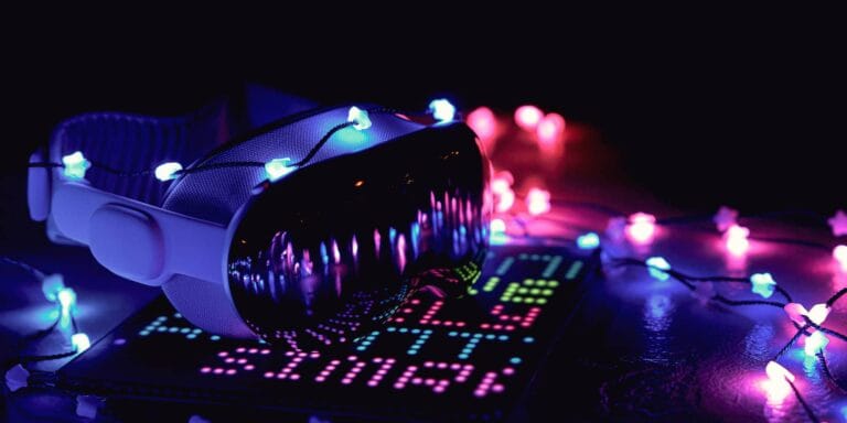 immersive technology VR headset surrounded by neon lights