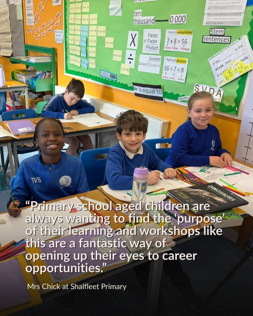 Primary pupils in classroom drawing and colouring