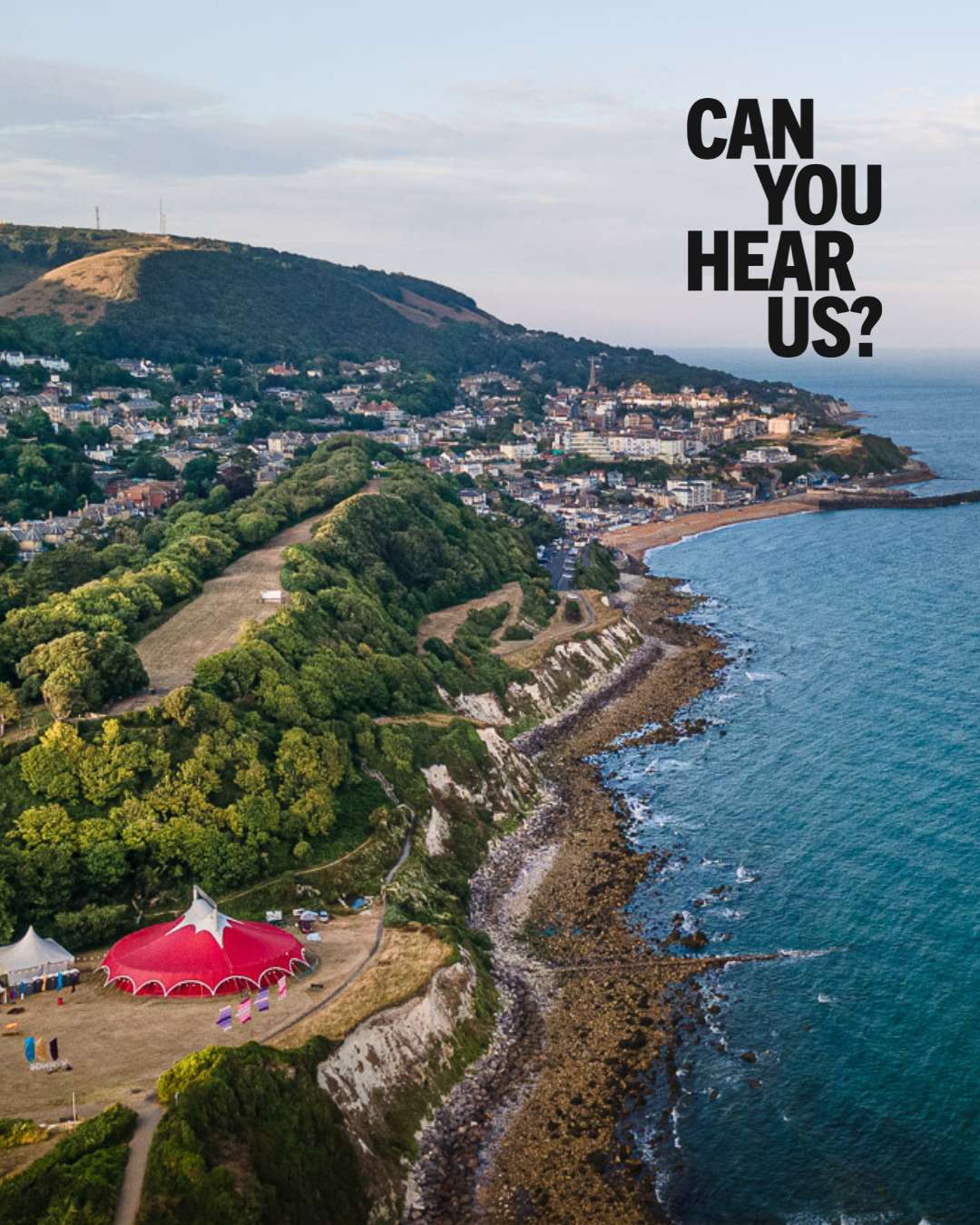 View of Ventnor from the air, Ventnor Fringe big top in the foreground